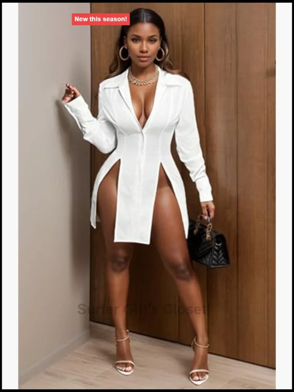 Women's Casual Button Down Shirt Dress Long Sleeve V Neck Side Slit Mini Dress